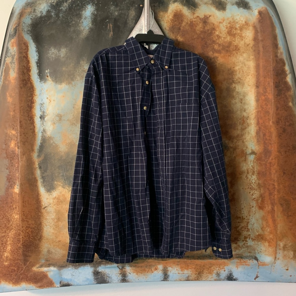 Navy blue and white button up